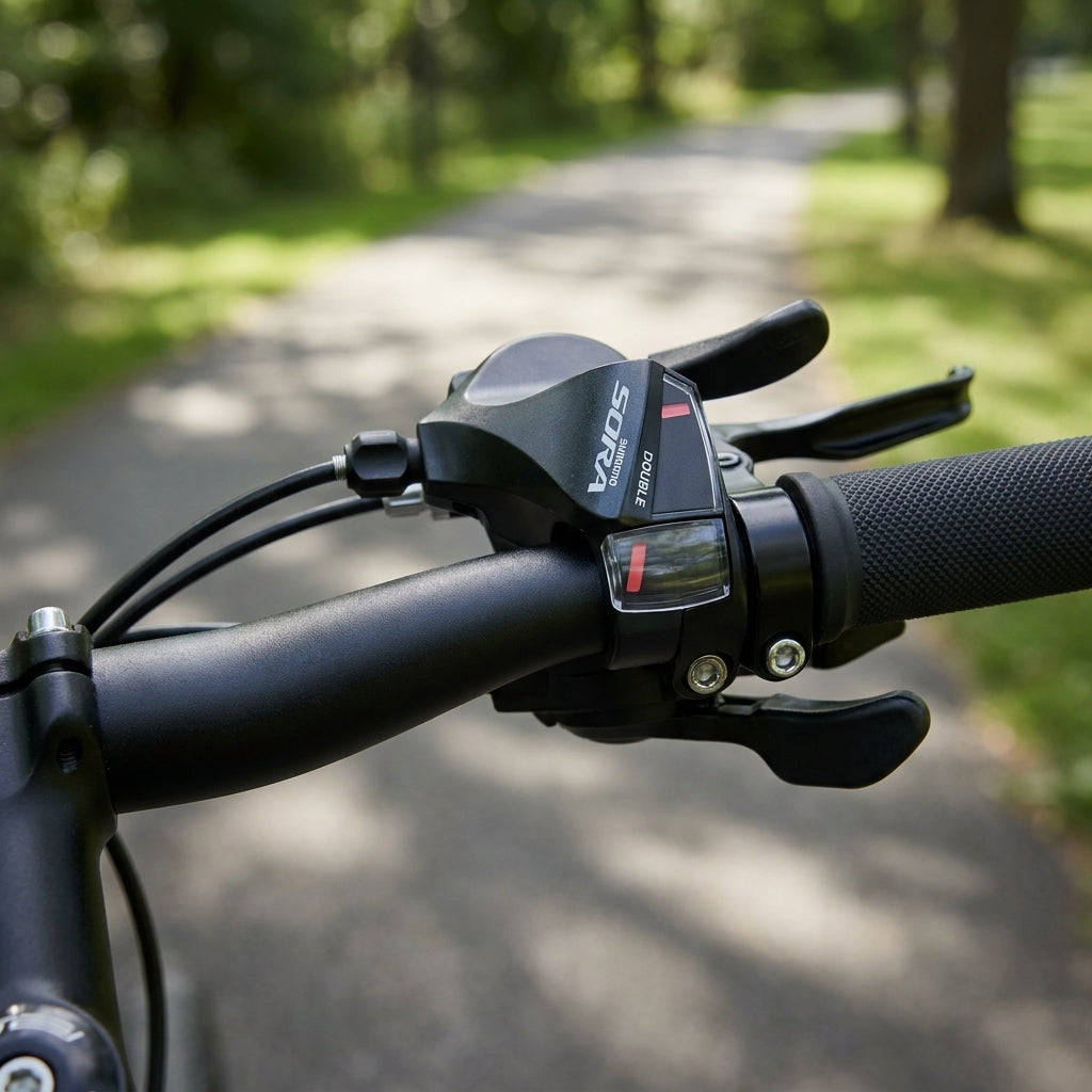 SHIMANO SORA SL-R3000 2-fach Schalthebel am Fahrradlenker mit Bremshebel auf einem Weg im Grünen.