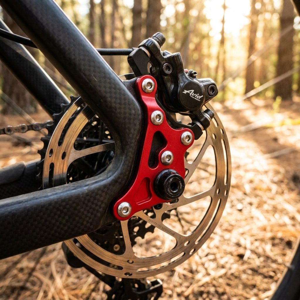 Roter Avid Scheibenbremsadapter 30mm für 170mm Rotor am Hinterrad eines Carbon-Fahrrads.