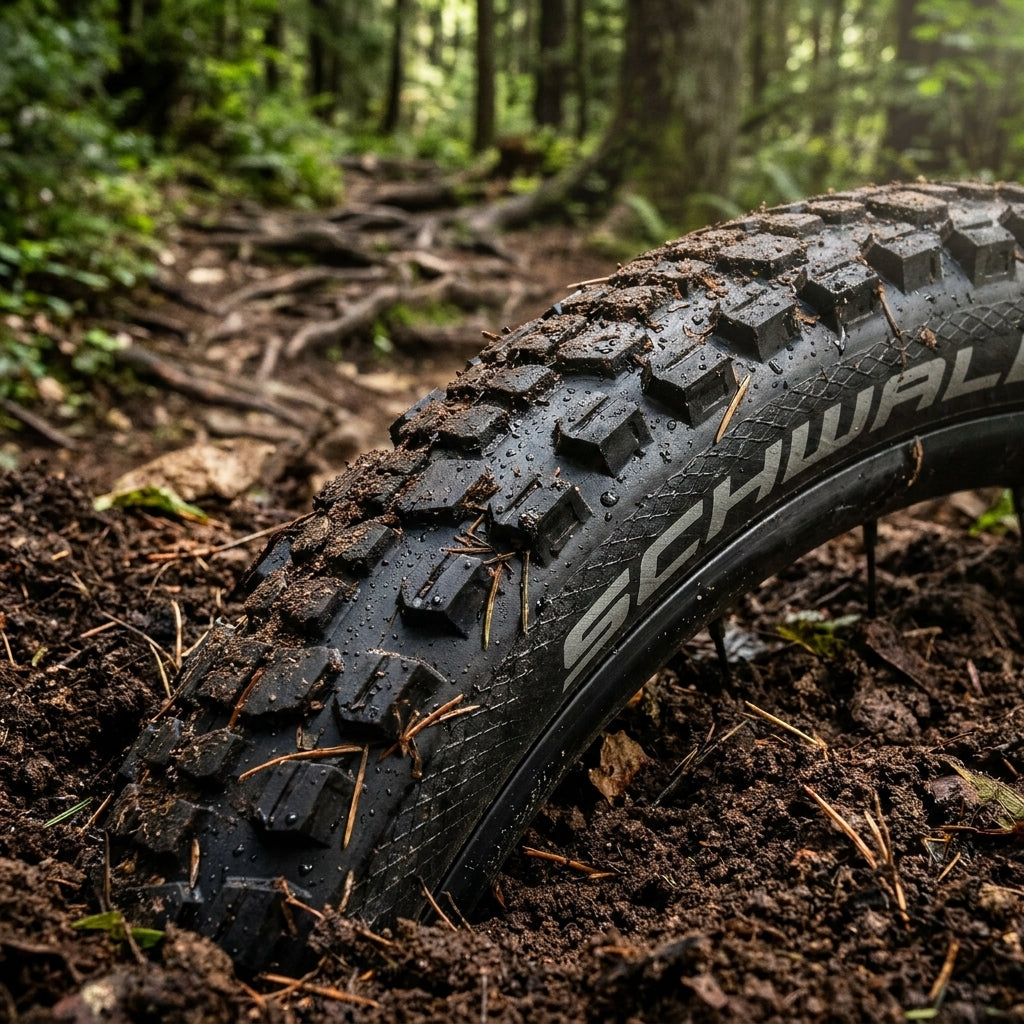 Schwalbe Johnny Watts 29x2.60 E-50 Reifen im nassen, schlammigen Waldboden auf einem Waldweg.