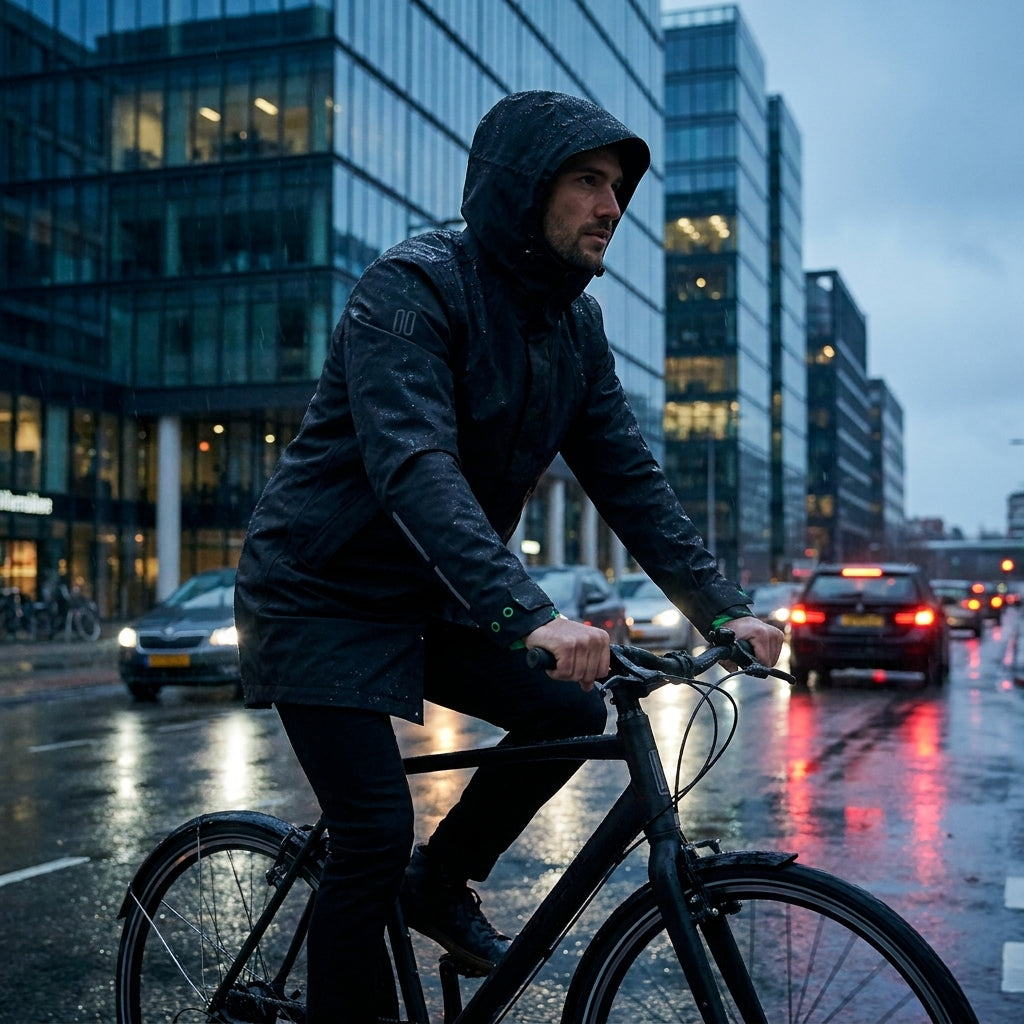 Mann im Basil Regenparka Mosse Men Jet Black M fährt Fahrrad im Regen durch die Stadt.