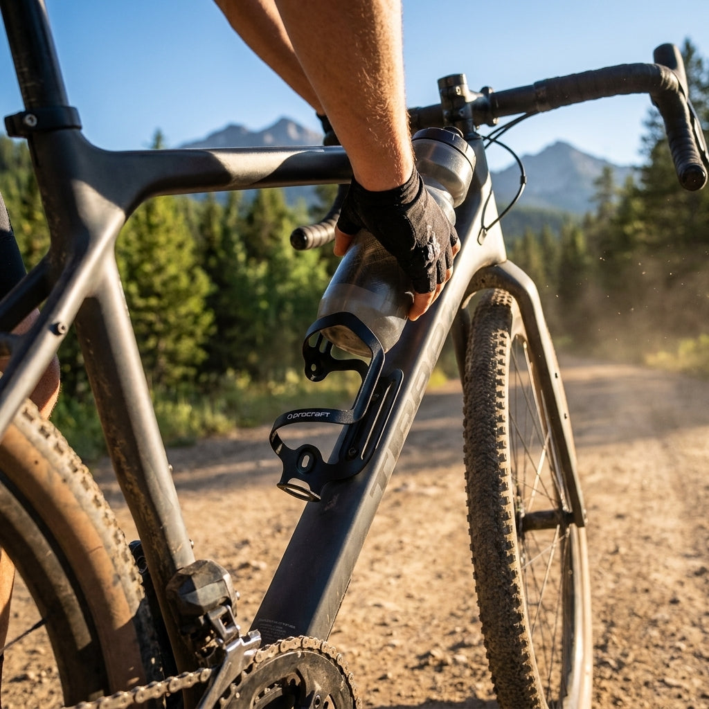 Procraft Flaschenhalter Aluminium Sideload schwarz am Gravelbike, innovativer Zugriff rechts.