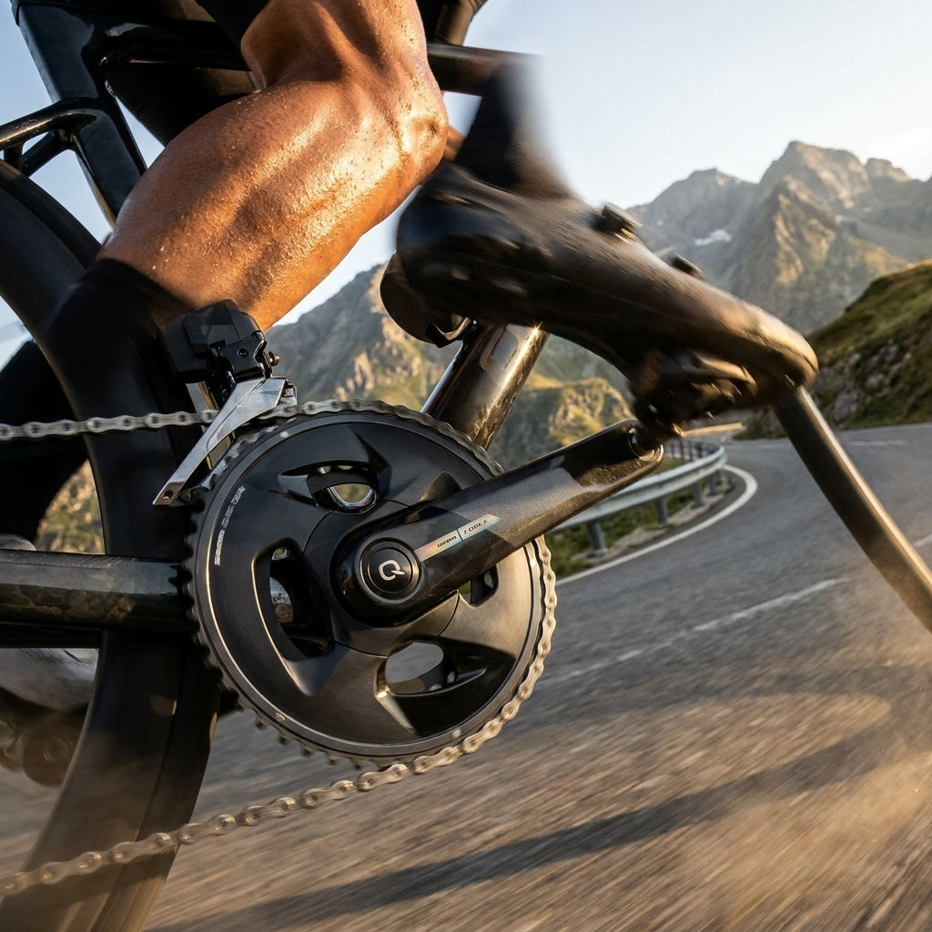 SRAM Kurbel Quarq Force AXS Wide 2x12 präziser Powermeter-Antrieb am Rennrad eines Radfahrers auf Bergstraße.