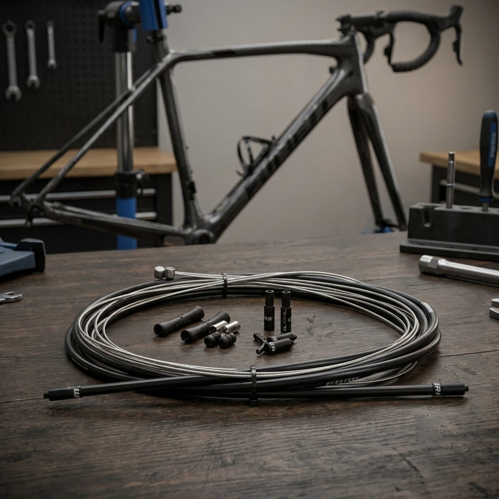 SRAM Schalt-/Bremskabel-Kit SlickWire Standard 5mm schwarz auf Holztisch vor Fahrradrahmen.
