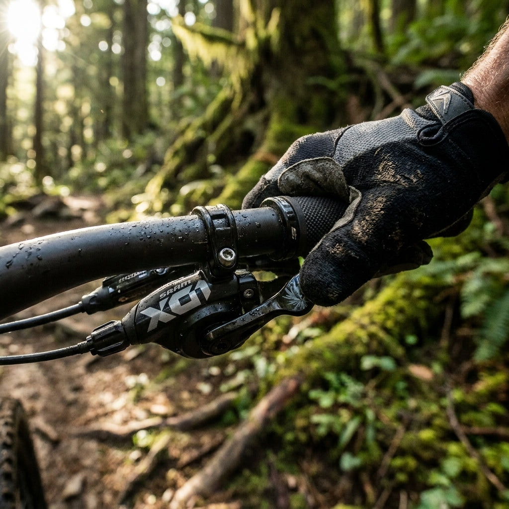 SRAM X01 Eagle 12-fach Schalthebel schwarz am E-MTB/MTB Lenker im Wald. Präziser Trigger für Offroad-Fahrten.