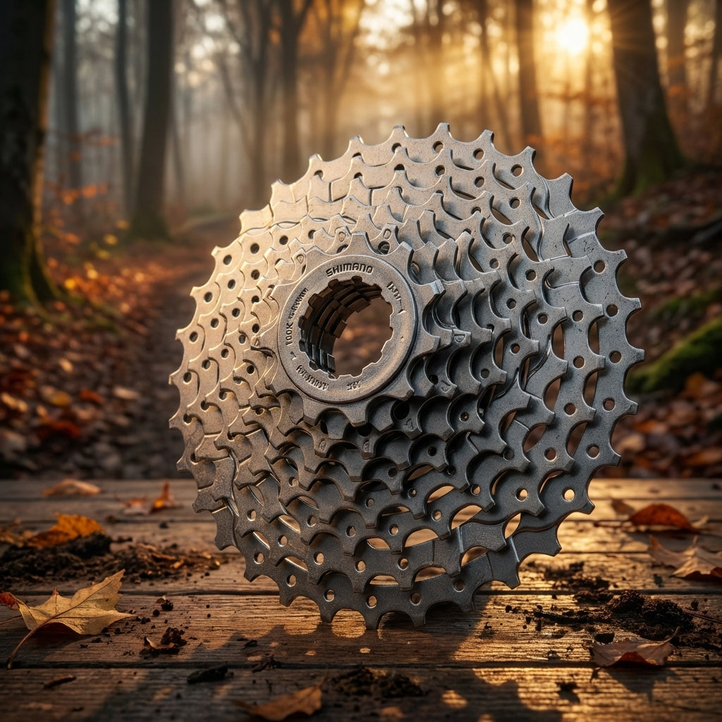 SHIMANO ALIVIO CS-HG400 9-fach 11-36Z Fahrradkassette auf Holzweg im Herbstwald.