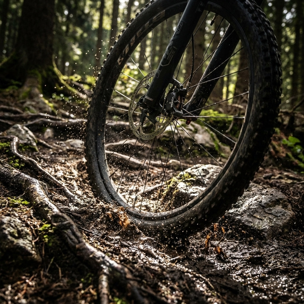 Voxom Scheibenbremsbeläge Shimano Deore XT semi-metal am Mountainbike-Vorderrad in Action auf nassem Trail.