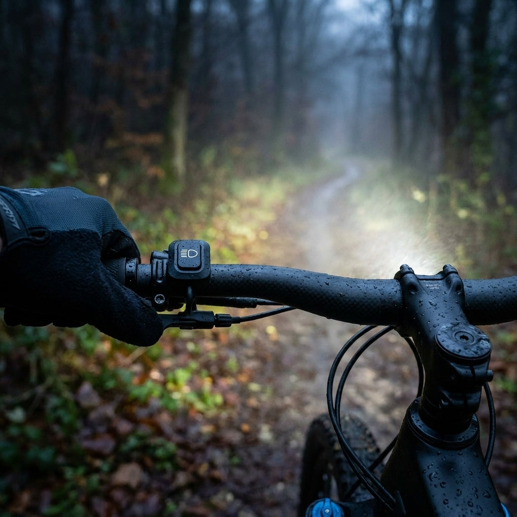 LITEMOVE HB Switch am nassen Fahrradlenker für komfortable Fernlicht-Bedienung, beleuchtet dunklen Waldweg.