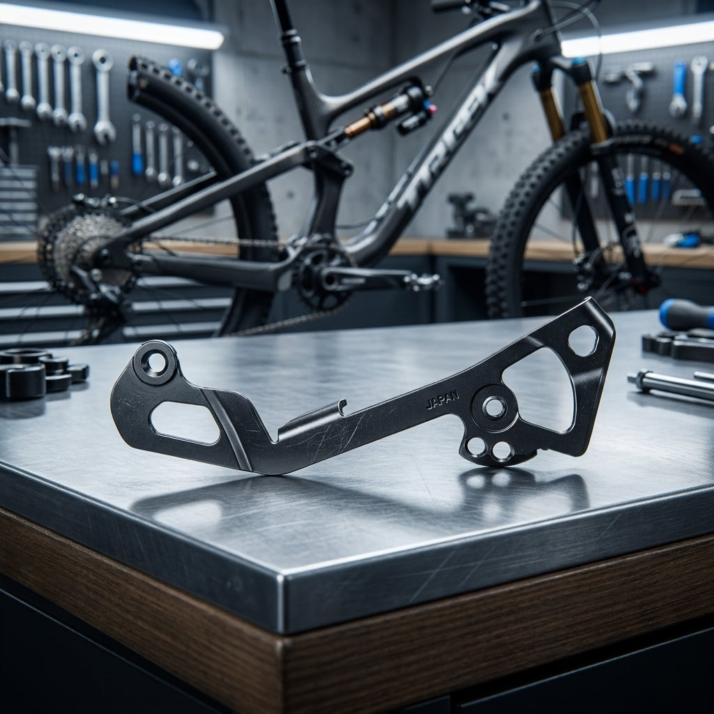 Ersatzteil SHIMANO Kettenleitblech RD-M780/M675 SGS-Type schwarz auf Werkbank vor Mountainbike.