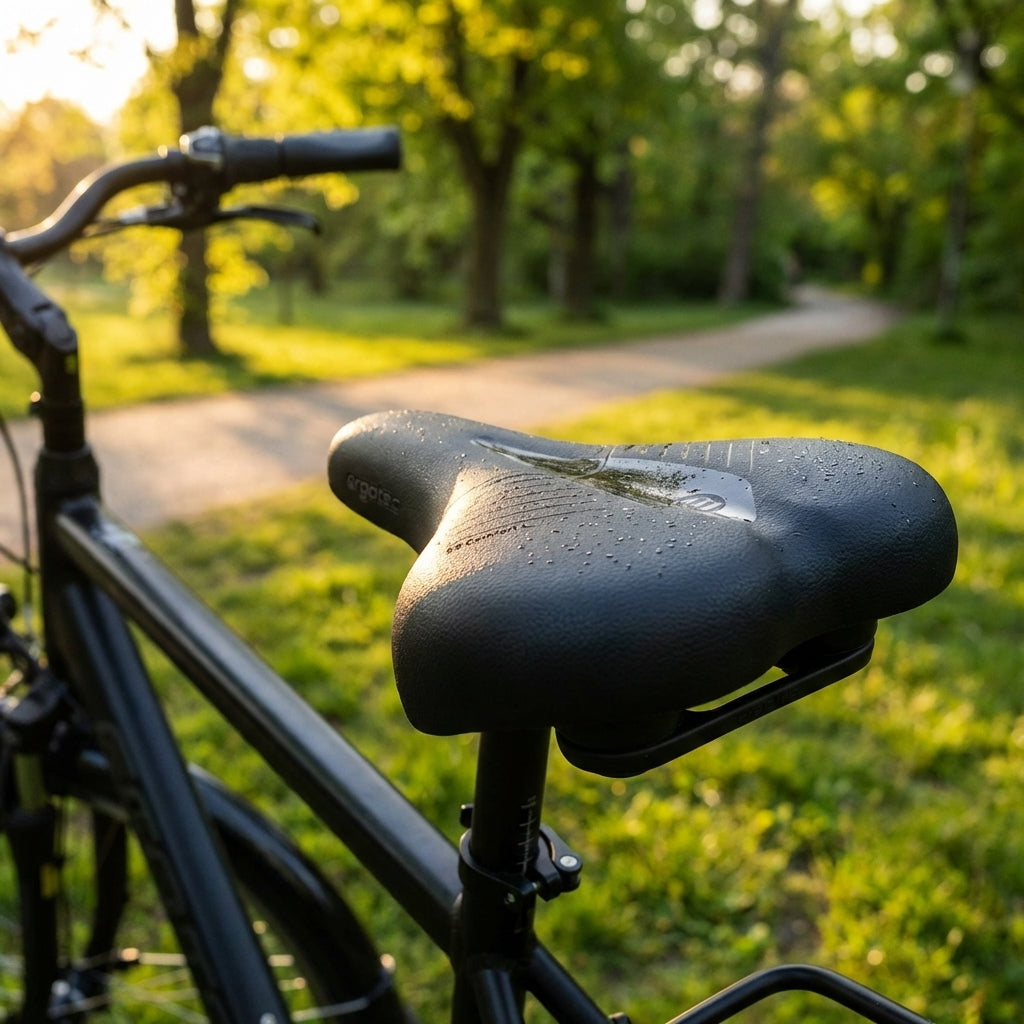 Ergotec Sattel Comfort L soft 265x206mm schwarz mit Wassertropfen auf Fahrrad im Park.