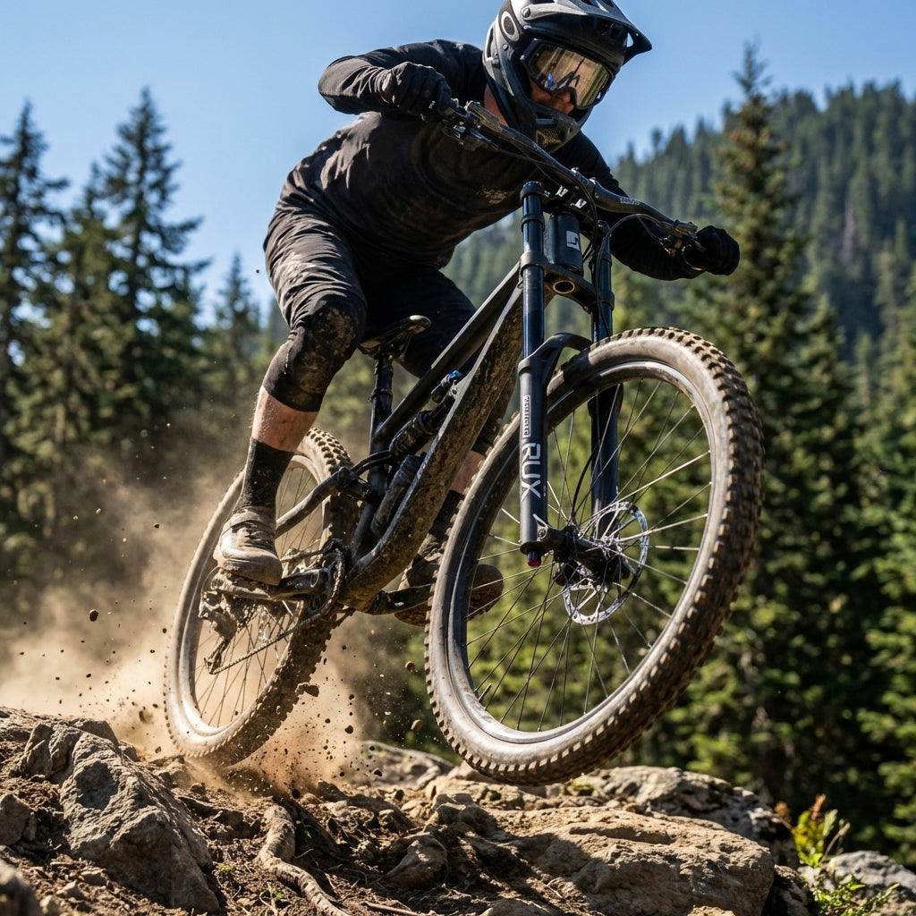 SR Suntour RUX 38 Boost Federgabel für Downhill Mountainbikes. Schwarz matt, 27.5 Zoll, 200mm Federweg. Ultimative Performance.
