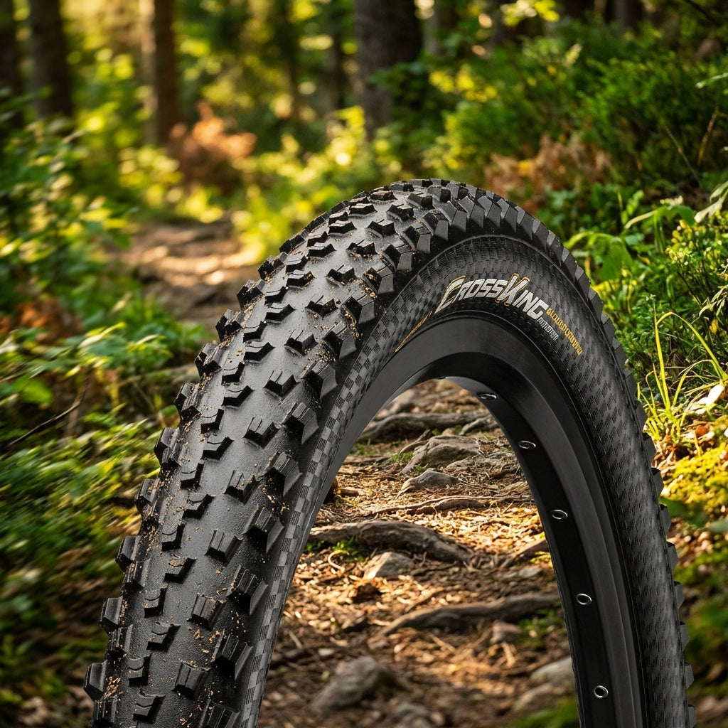 Continental Cross King 2.0 Perf. Drahtreifen 26x2.00, schwarz, mit aggressivem Profil auf Waldweg.