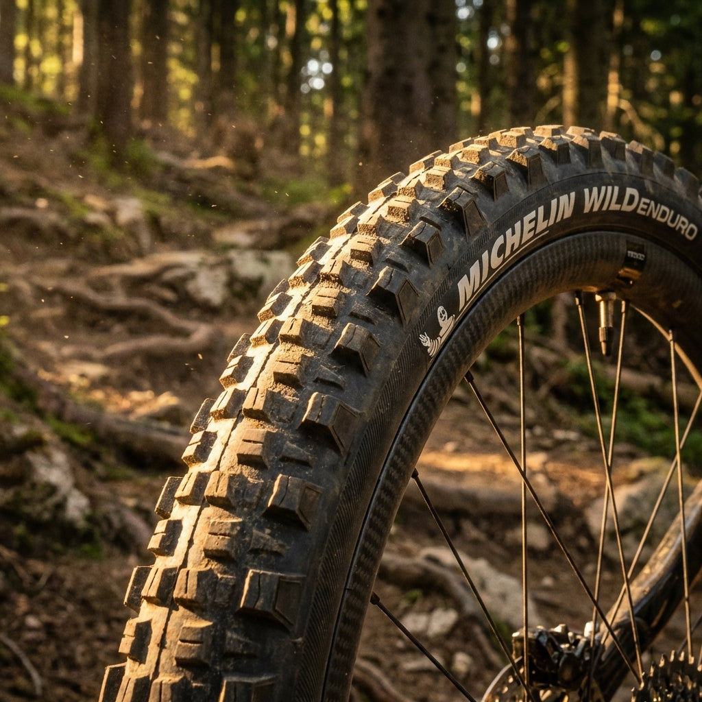 Michelin Wild Enduro 29 Zoll Mountainbike Reifen, schwarz, mit grobem Profil auf einem Waldweg.
