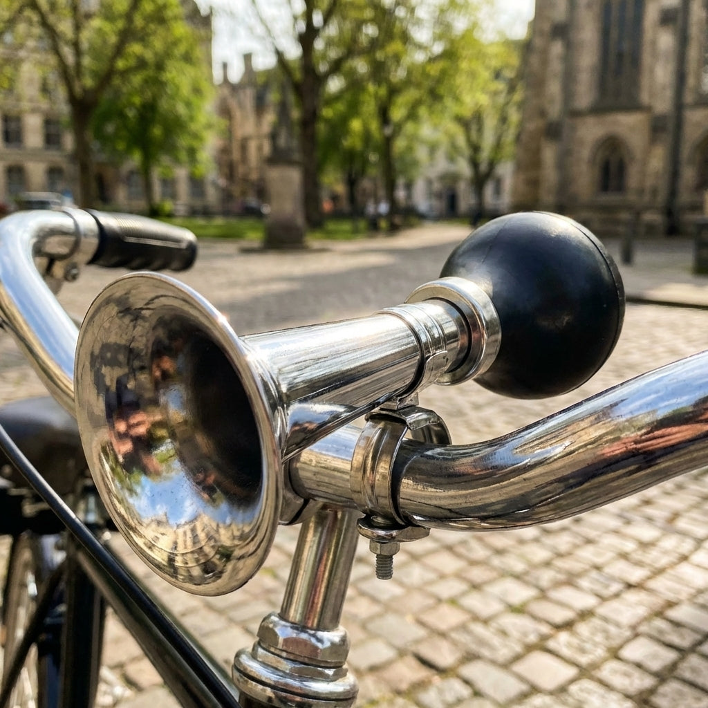 Messingschlager Hupe BALLHUPE Stahl verchromt mit schwarzem Gummiball am Fahrradlenker.