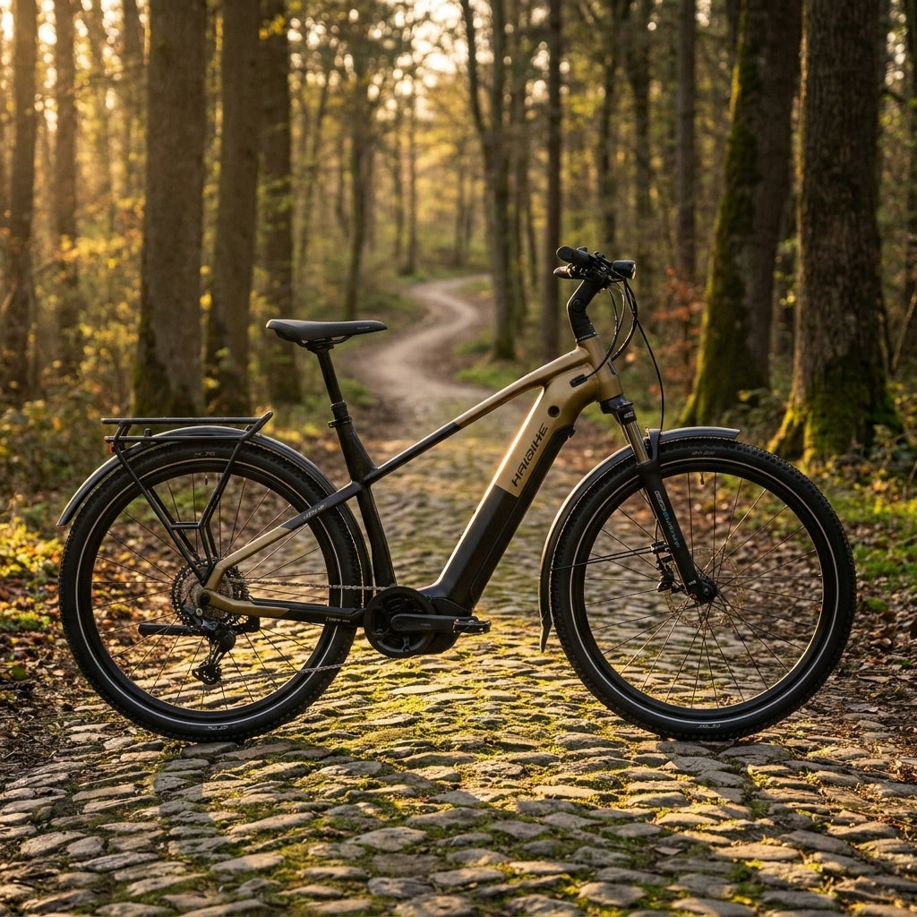 Haibike TREKKING 7.5 HIGH E-Bike schwarz-gold auf Kopfsteinpflaster im sonnigen Wald.