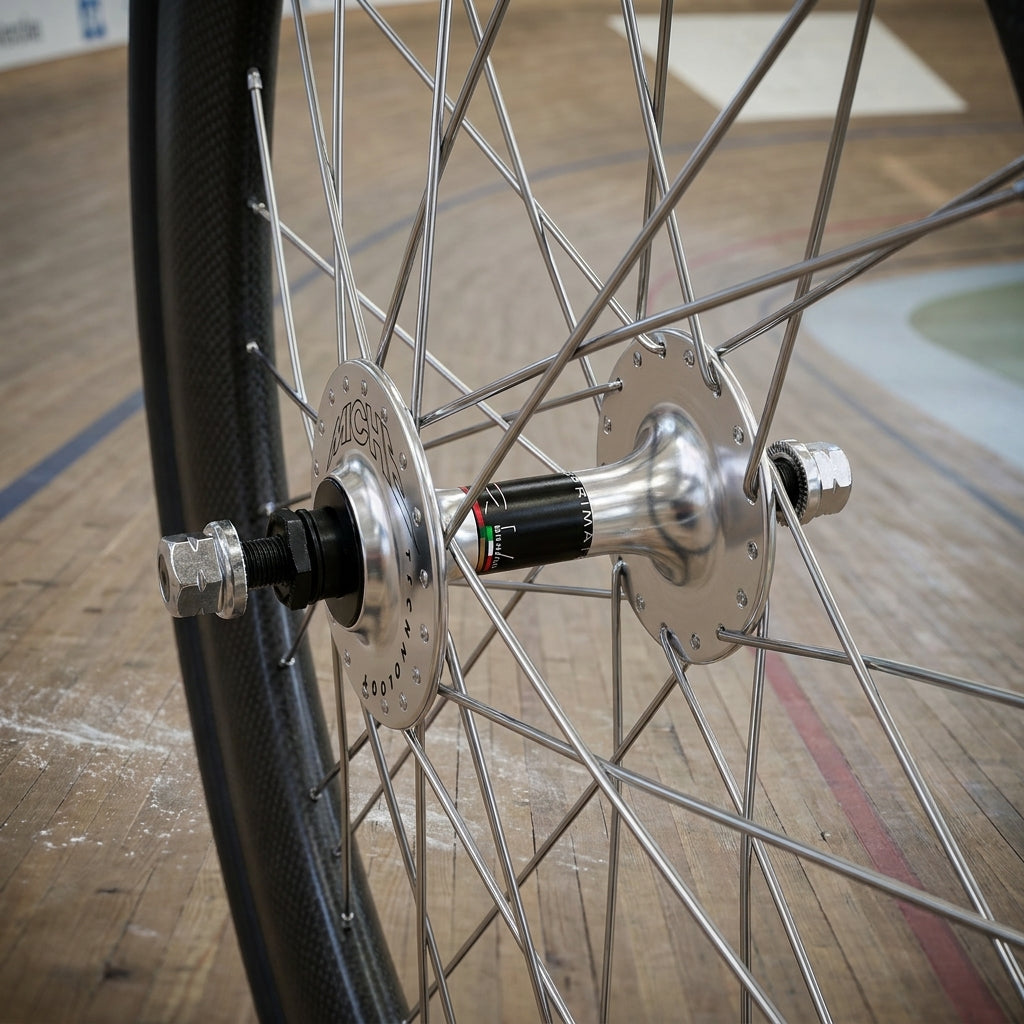 Miche Primato Pista Vorderradnabe silber, 270g. Hochflansch-Nabe für Bahnrad und Fixed-Gear. Präzise, leicht, zuverlässig.