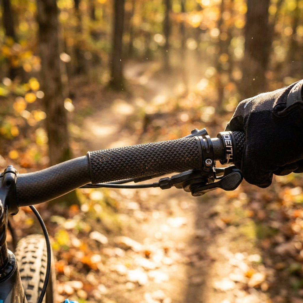 Deity Supracush Griffe Schwarz, 34mm, mit Deep-Dish Diamantmuster am Mountainbike-Lenker im Herbstwald.