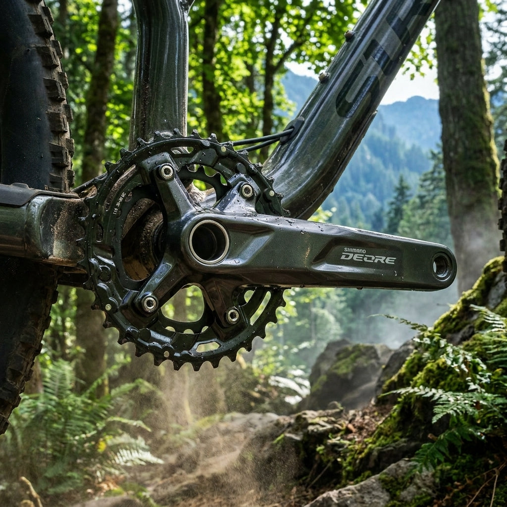 SHIMANO DEORE FC-M5100 Kurbelgarnitur 11-fach 36-26 Zähne am Mountainbike im Wald.