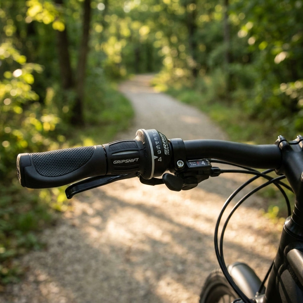 SRAM MRX Comp 7-fach Drehgriff-Schalter am Fahrradlenker auf einem Waldweg.