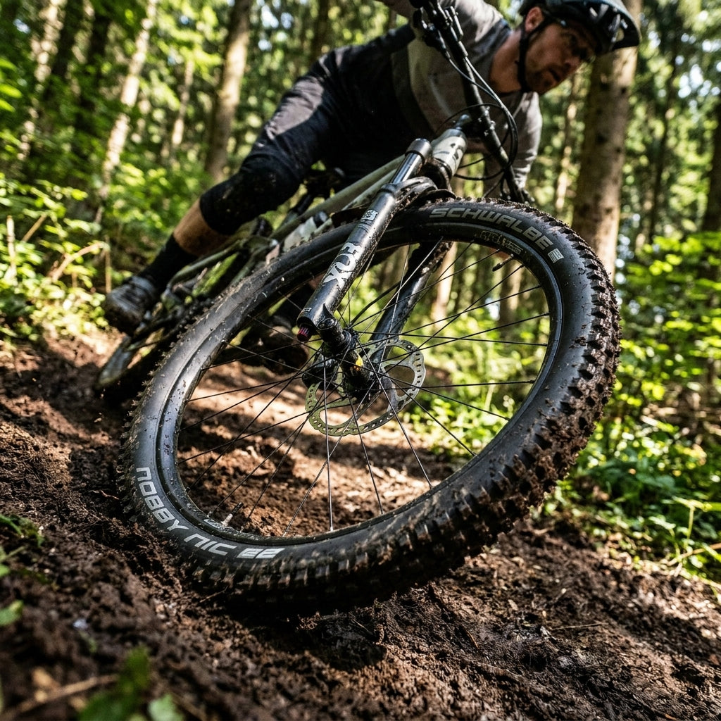 Vielseitiger Schwalbe Nobby Nic 27.5x2.35 MTB-Reifen auf schlammigem Trail im Wald.