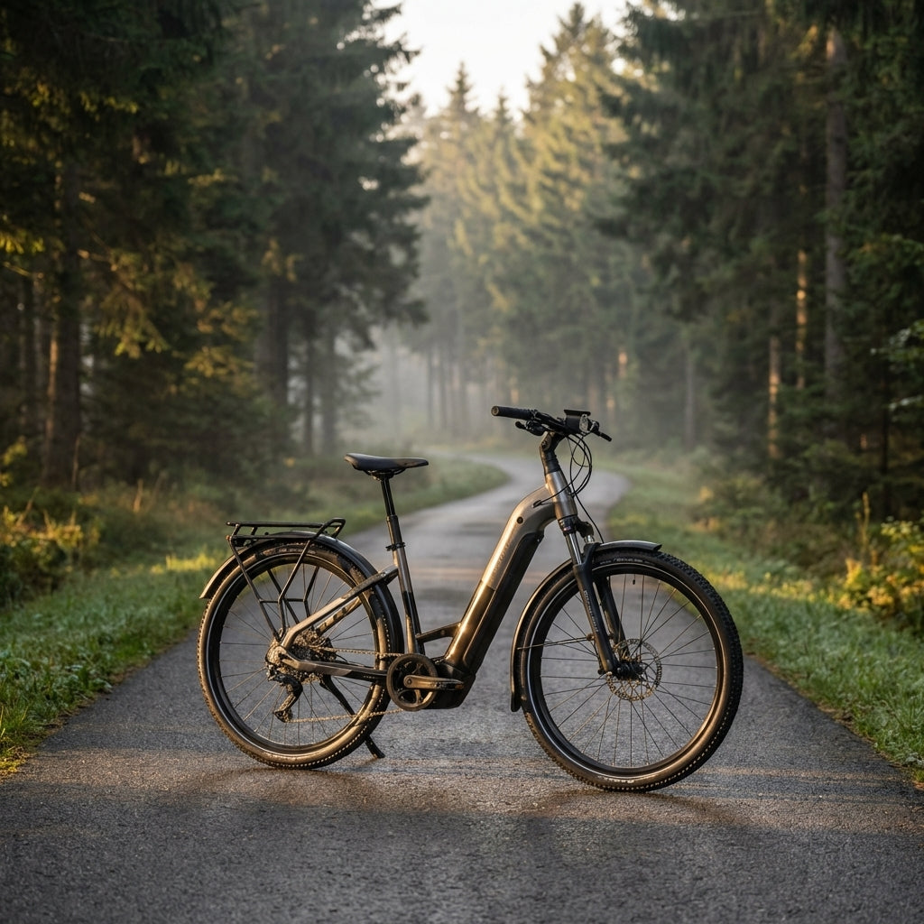 Haibike TREKKING 6.5 LOW E-Bike mit Tiefeinstieg in Stardust/Titan auf einem Waldweg.