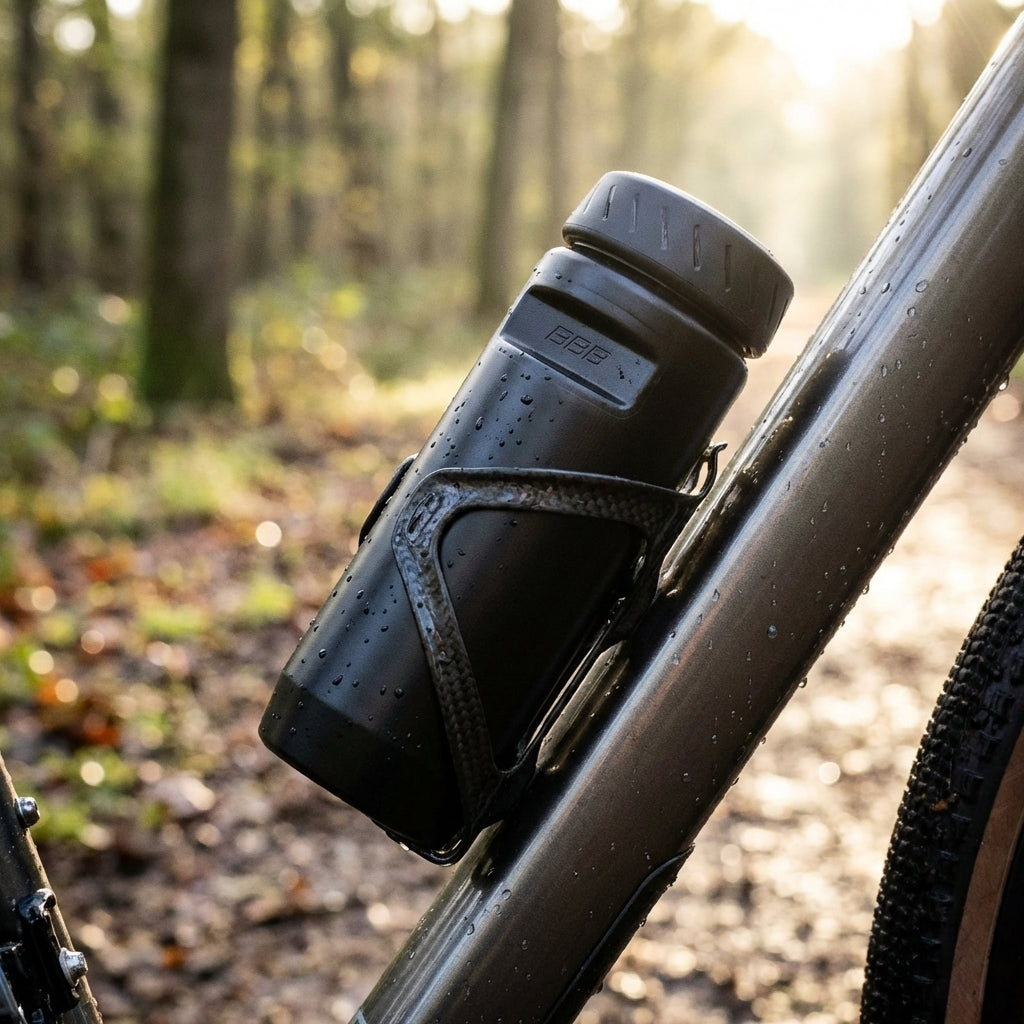 Schwarze BBB Cycling Werkzeugdose Tools & Tubes L im Flaschenhalter am Fahrradrahmen zur sicheren Aufbewahrung.
