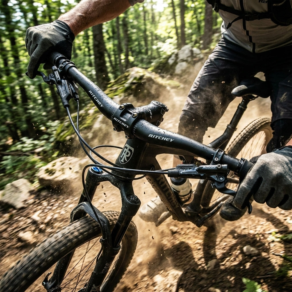 Mountainbiker auf Trail mit Ritchey COMP Trail Vorbau 35mm und Lenker, Staub aufgewirbelt.