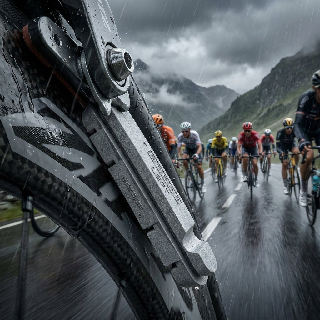 Zipp Platinum Pro EVO Bremsbeläge für Carbon Felgen Campagnolo am Rennrad bei Regenrennen.