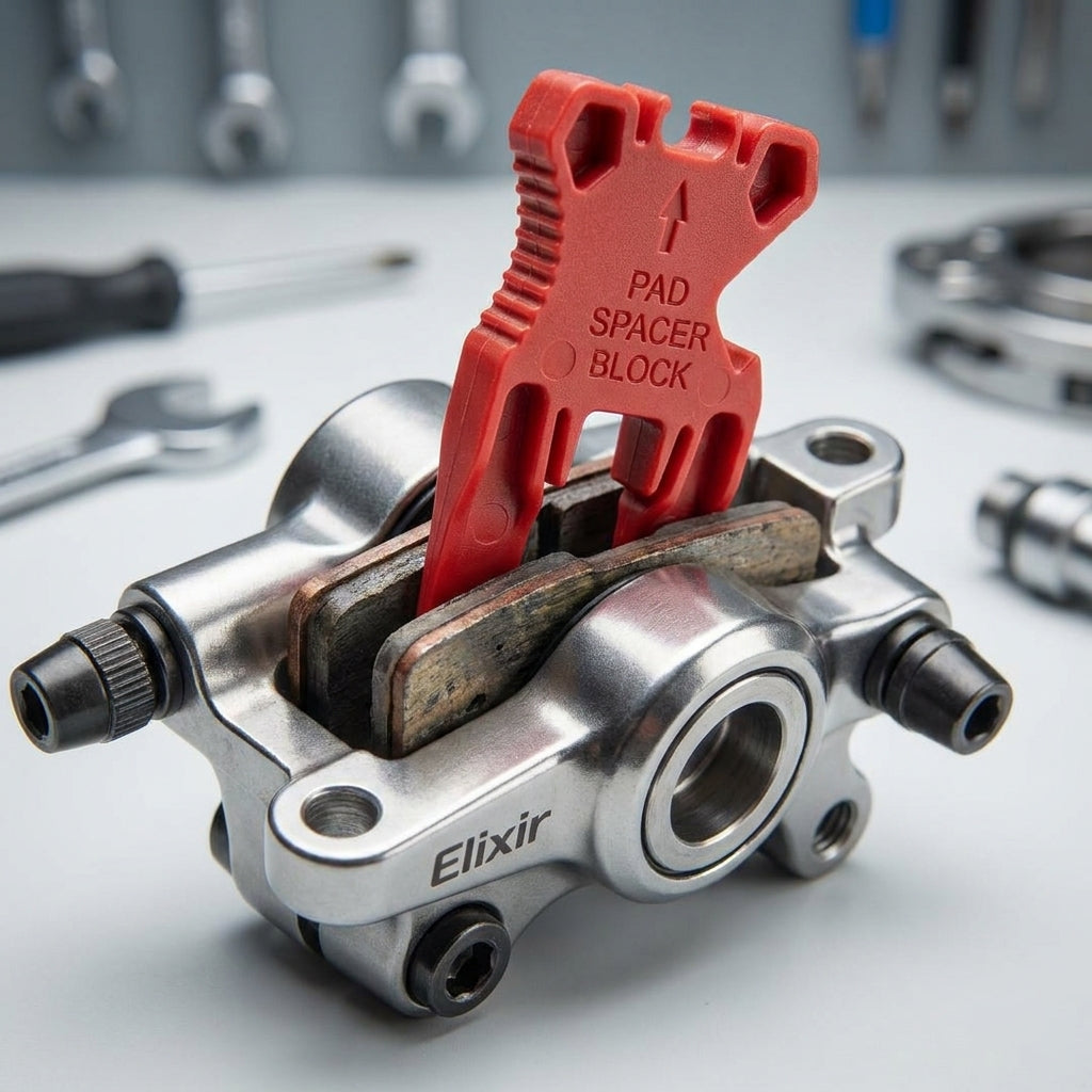 Rotes Avid Belagspreizer Tool Elixir für präzise Einstellung von Fahrrad-Scheibenbremsen, eingesetzt im Bremssattel.