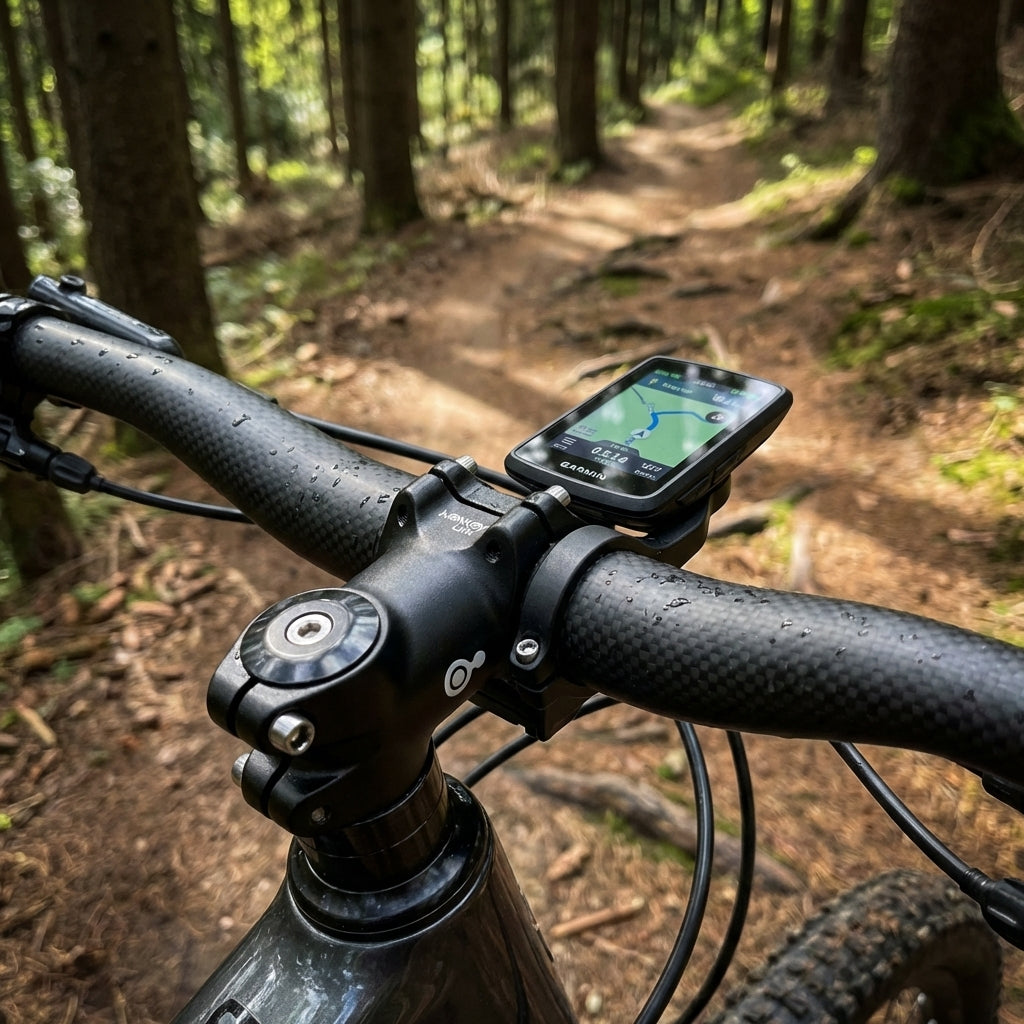 Monkey Link Vorbau AS-ML3 am MTB mit Garmin auf Waldweg. Robuster Ahead-Vorbau für MTB & E-Bike, Magnet-Interface.