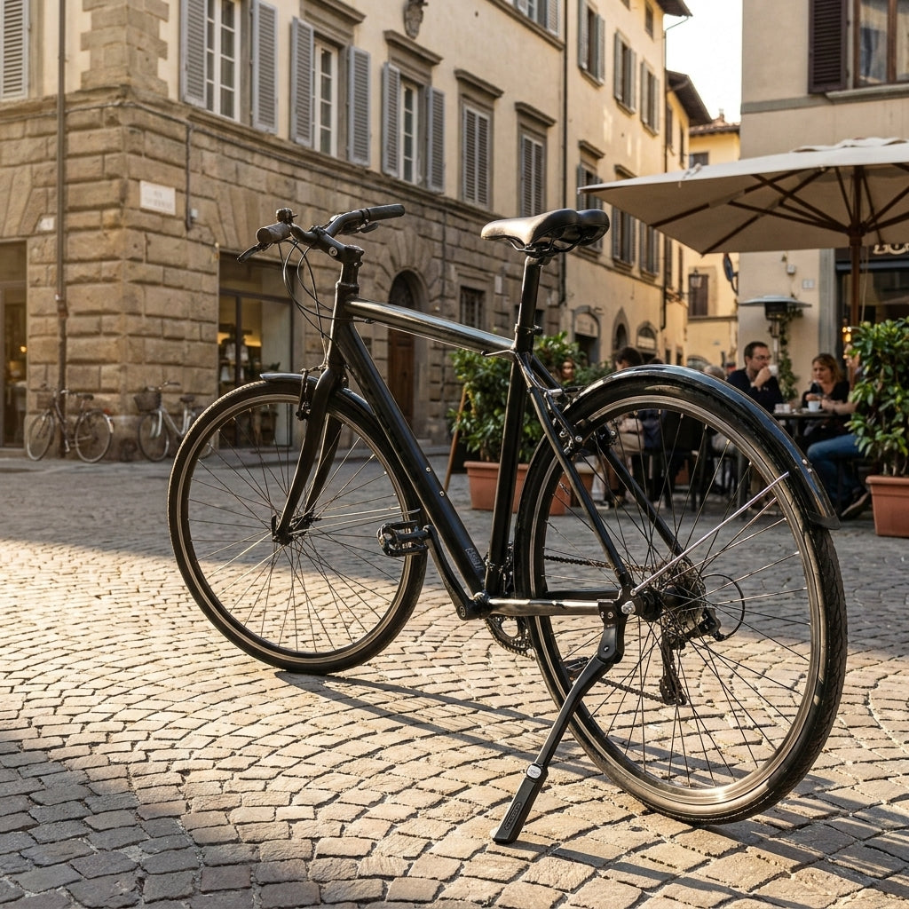 Ursus Easy Master Stay Hinterbauständer schwarz, verstellbar, Aluminium am Fahrrad auf Kopfsteinpflaster.