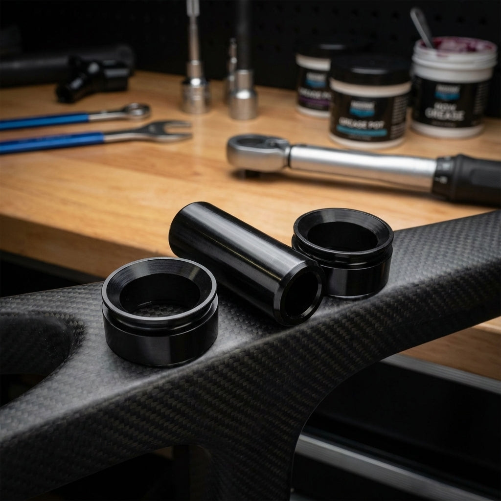 RockShox 3-teiliges Hinterbaudämpfer-Montagematerial in Schwarz auf Carbon-Fahrradrahmen mit Werkzeug im Hintergrund.