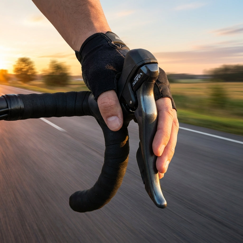 SHIMANO Sora ST-R3000 Rennrad-Schalthebel links am Lenker, von Hand gehalten beim Fahren.