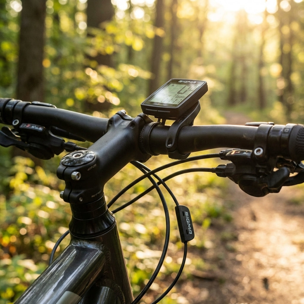 Kabelgebundene Sigma Halterung 2032 für BC 5.0 WR am Fahrradlenker im Wald.