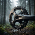 Schwarzes Shimano Deore FC-M617 Kettenblatt 36 Zähne für 2x10-fach Antriebe in einer nebligen Waldlandschaft.