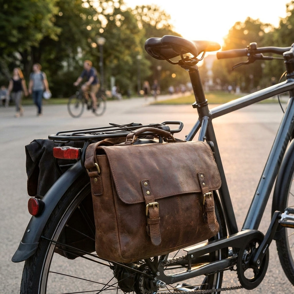 Schwarze racktime Federklappe CLAMP IT auf Fahrrad-Gepäckträger mit Ledertasche, im Sonnenuntergang.
