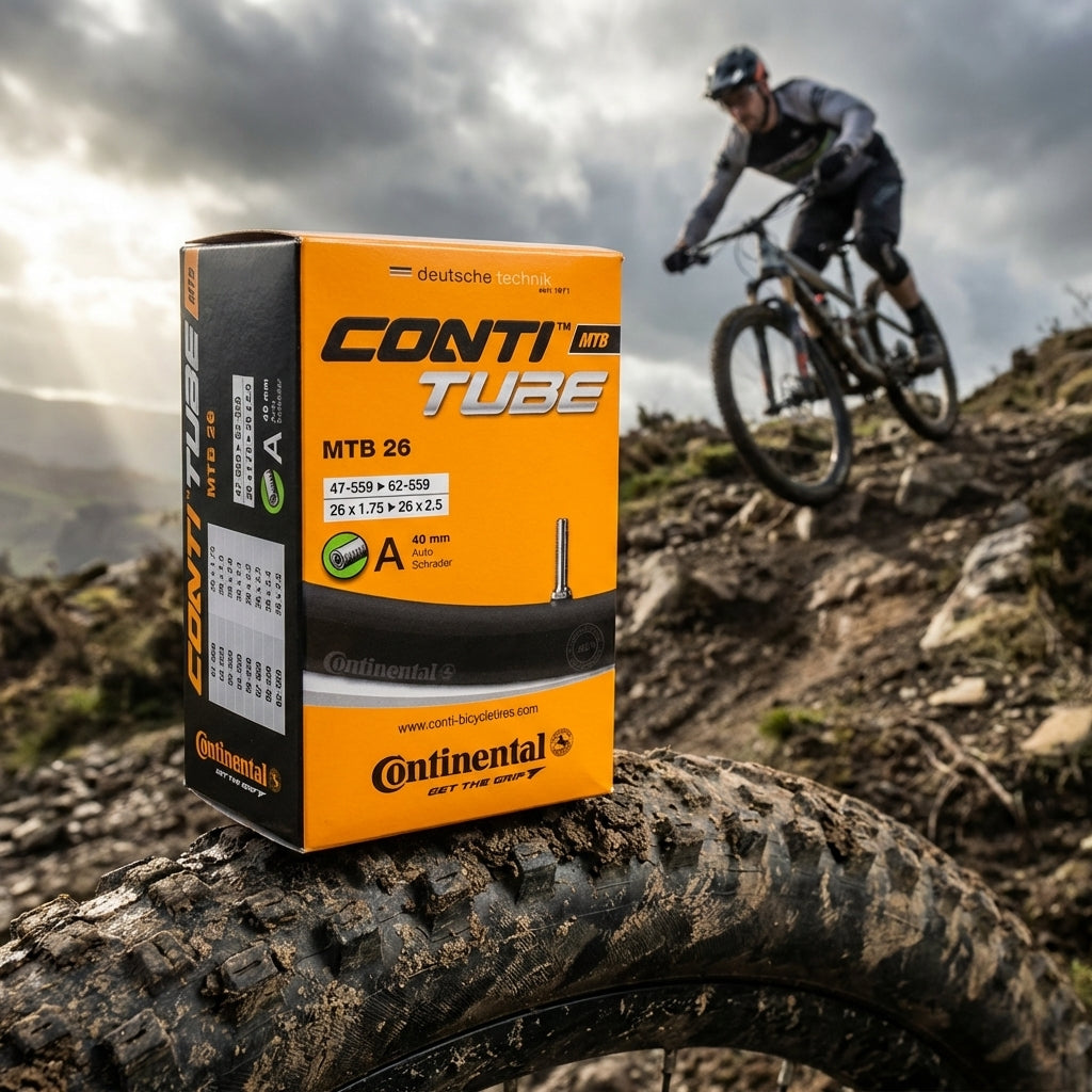 Continental Conti MTB 26 Downhill Fahrradschlauch 40mm AV vor Mountainbiker auf felsigem Trail.