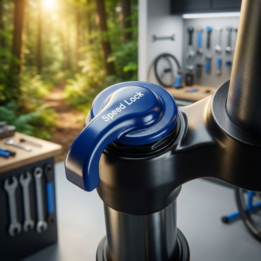 Blauer Drehdeckel Speed Lock für LO-Kartusche SRS an Fahrradfedergabel