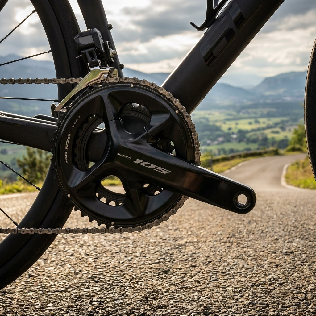 Nahaufnahme der Shimano 105 FC-R7100 Kurbelgarnitur (170mm, 50-34 Zähne) am Rennrad auf einer Bergstraße.