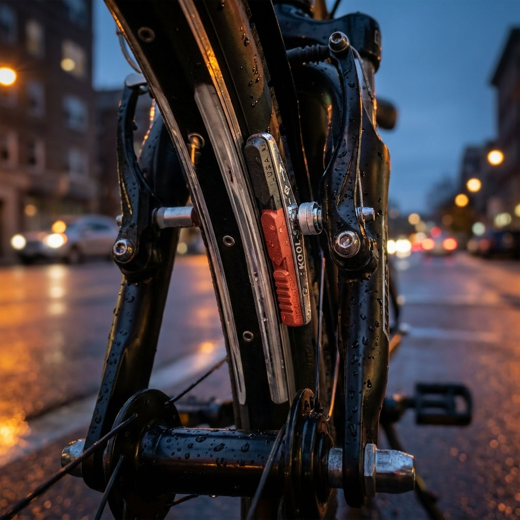 Kool Stop Felgenbremsbelag Bremsschuh rot am nassen Fahrrad auf regennasser Straße in der Stadt.
