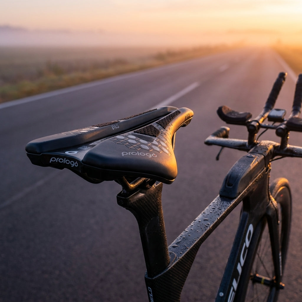 Prologo Dimension TRI 143CPC Sattel anthrazit/silber auf Triathlonrad im Morgennebel.