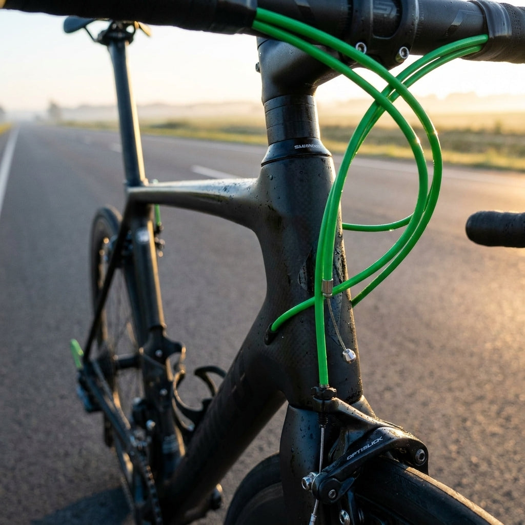 Grünes SHIMANO OPTISLICK Rennrad Schaltzug-Set am Fahrrad, nass vom Morgentau auf einer Landstraße.