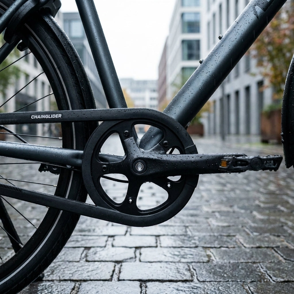 Schwarzer Hebie Chainglider Kettenschutz am nassen Fahrrad auf Kopfsteinpflaster.