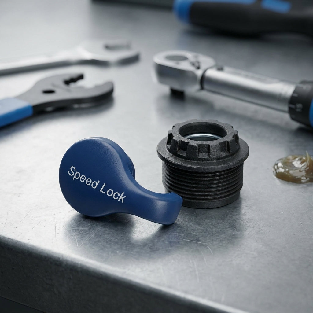 Fahrrad SR Suntour LO Kit Drehdeckel und Speed Lock Hebel auf Werkbank mit Werkzeug.