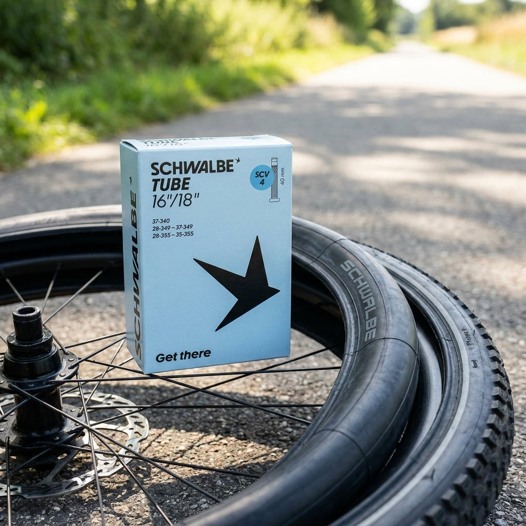 Zuverlässiger Schwalbe SCHLAUCH SCV4 28/37-340/355 40mm Fahrradschlauch, daneben Reifen und Rad auf Straße.