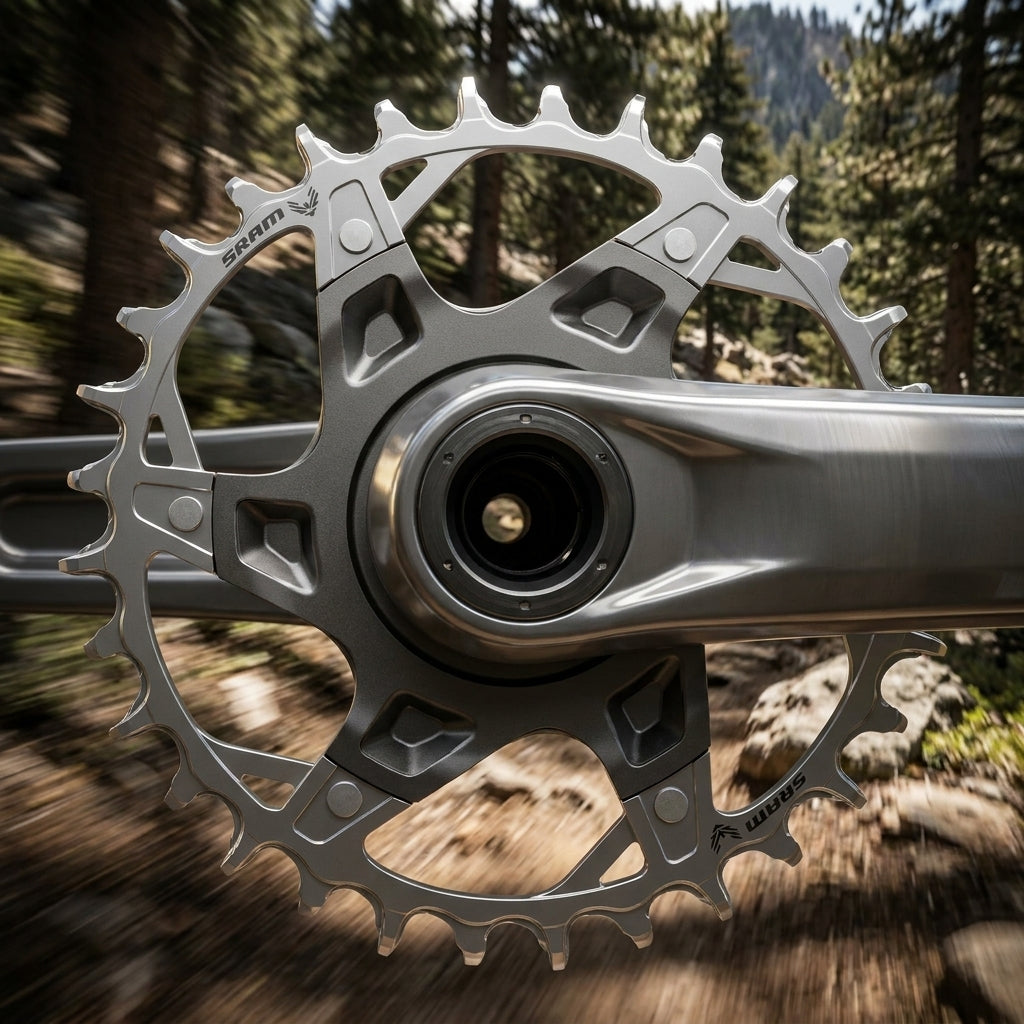 Nahaufnahme des silbernen SRAM XX T-Type Fazua A1 DM 34 Zähne Kettenblatts am E-MTB in Bewegung.