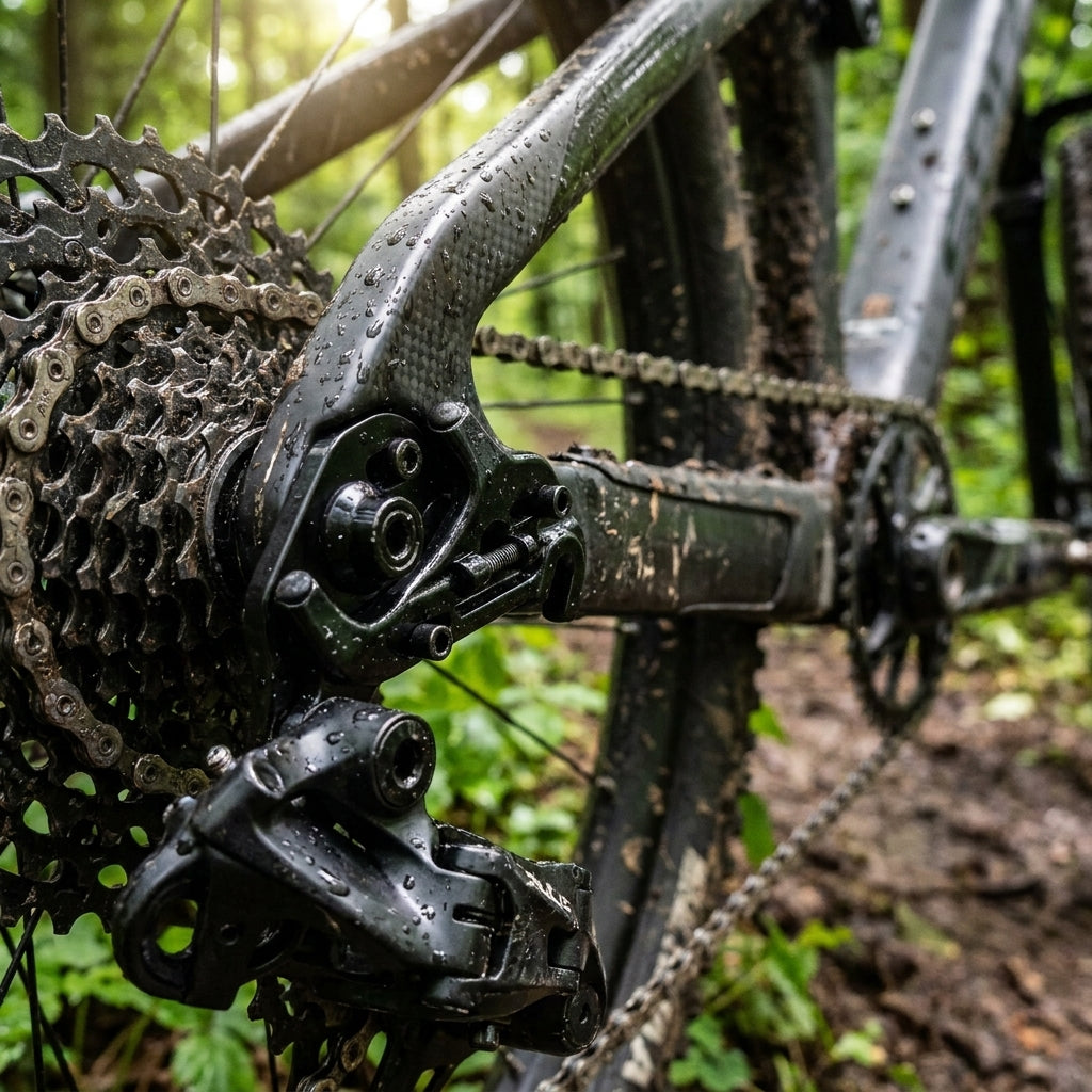 XLC Schaltauge DO-A104 an schlammigem Mountainbike Schaltwerk, Kette und Kassette im Wald.