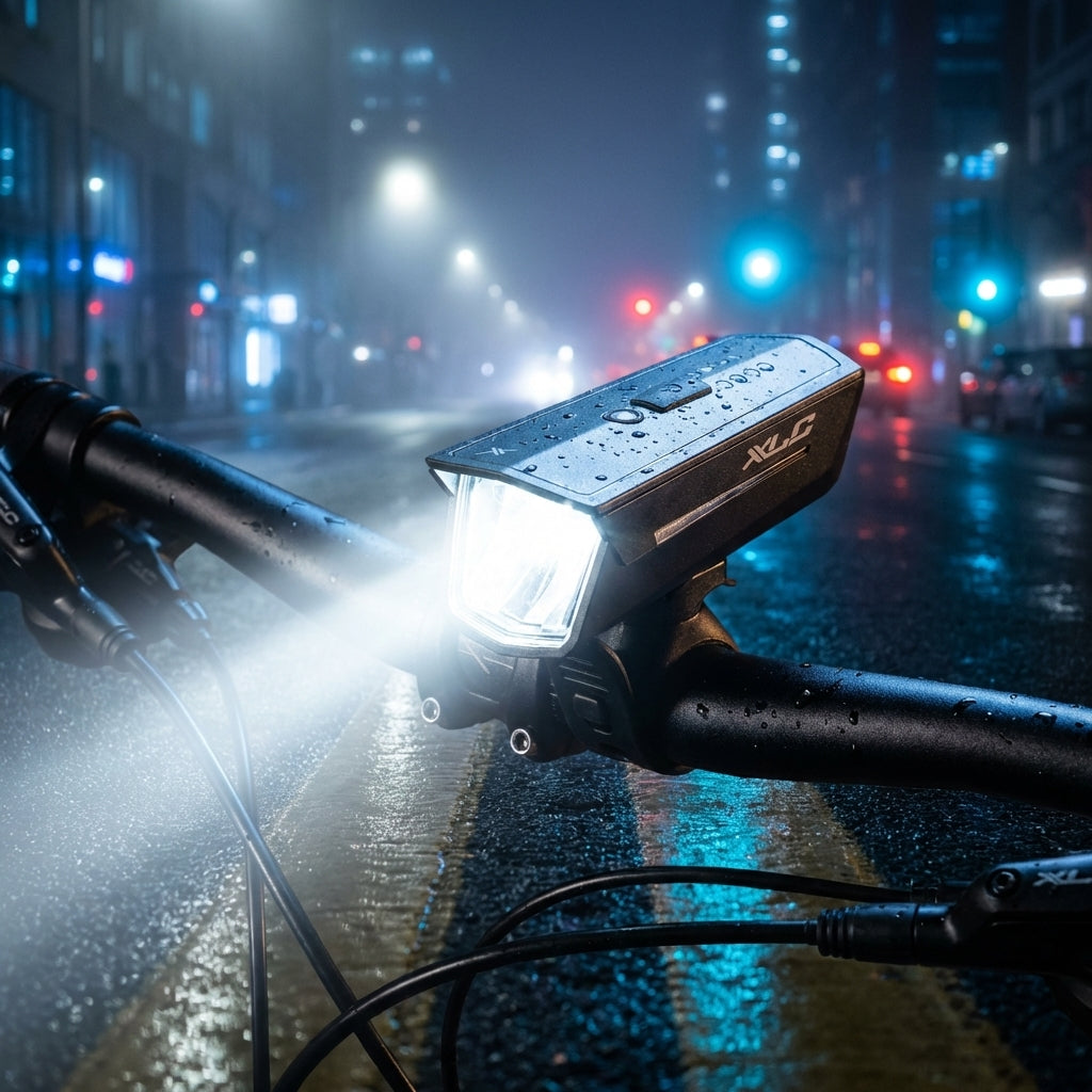 XLC Proxima Pro CL-S25 StVZO Fahrradlicht am Lenker, leuchtet hell auf nasser Straße im Stadtverkehr bei Nacht.
