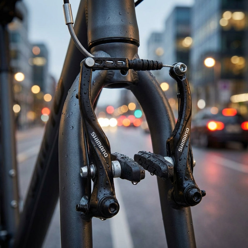 Shimano Alivio BR-T4000 V-Brake vorne schwarz an einer nassen Fahrradgabel im urbanen Umfeld.