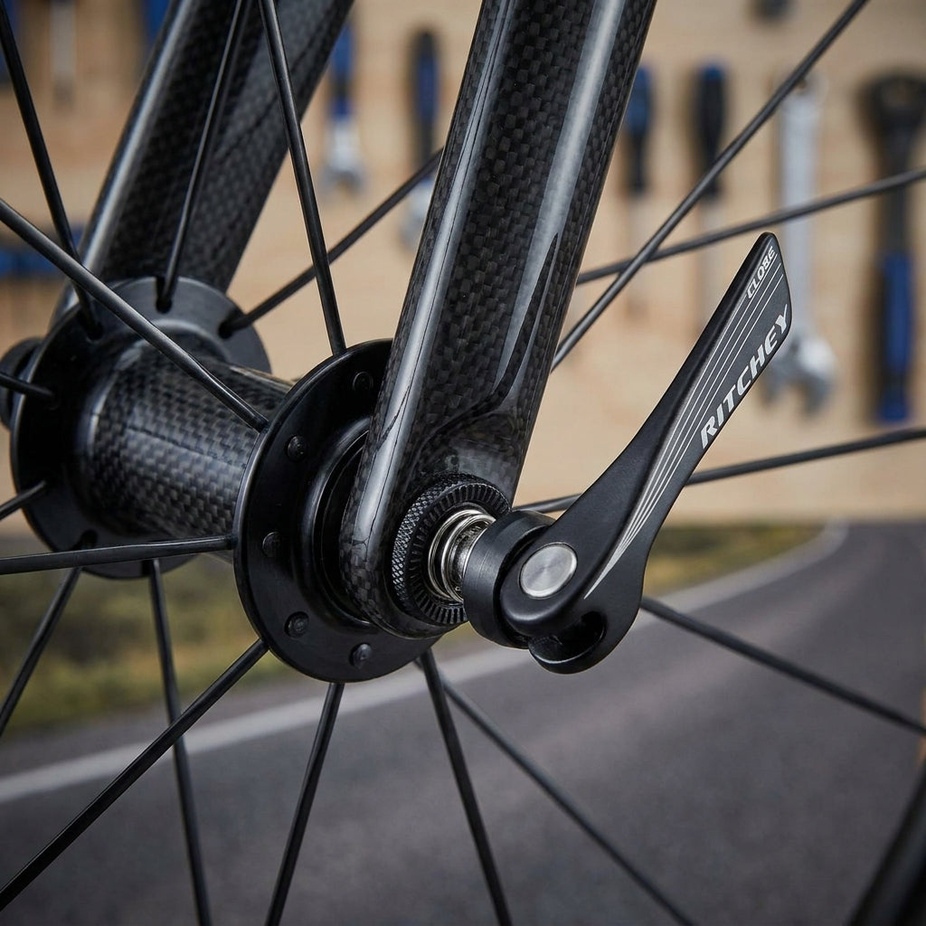 Ritchey Nabenschnellspanner schwarz am Fahrrad-Vorderrad mit Carbon-Gabel.