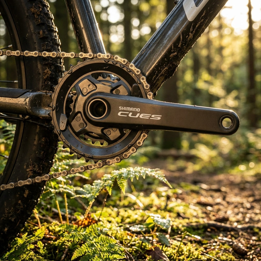 SHIMANO CUES FC-U4000 Kurbelgarnitur 170mm, 36-22, 11-fach am schlammigen Mountainbike im Wald.